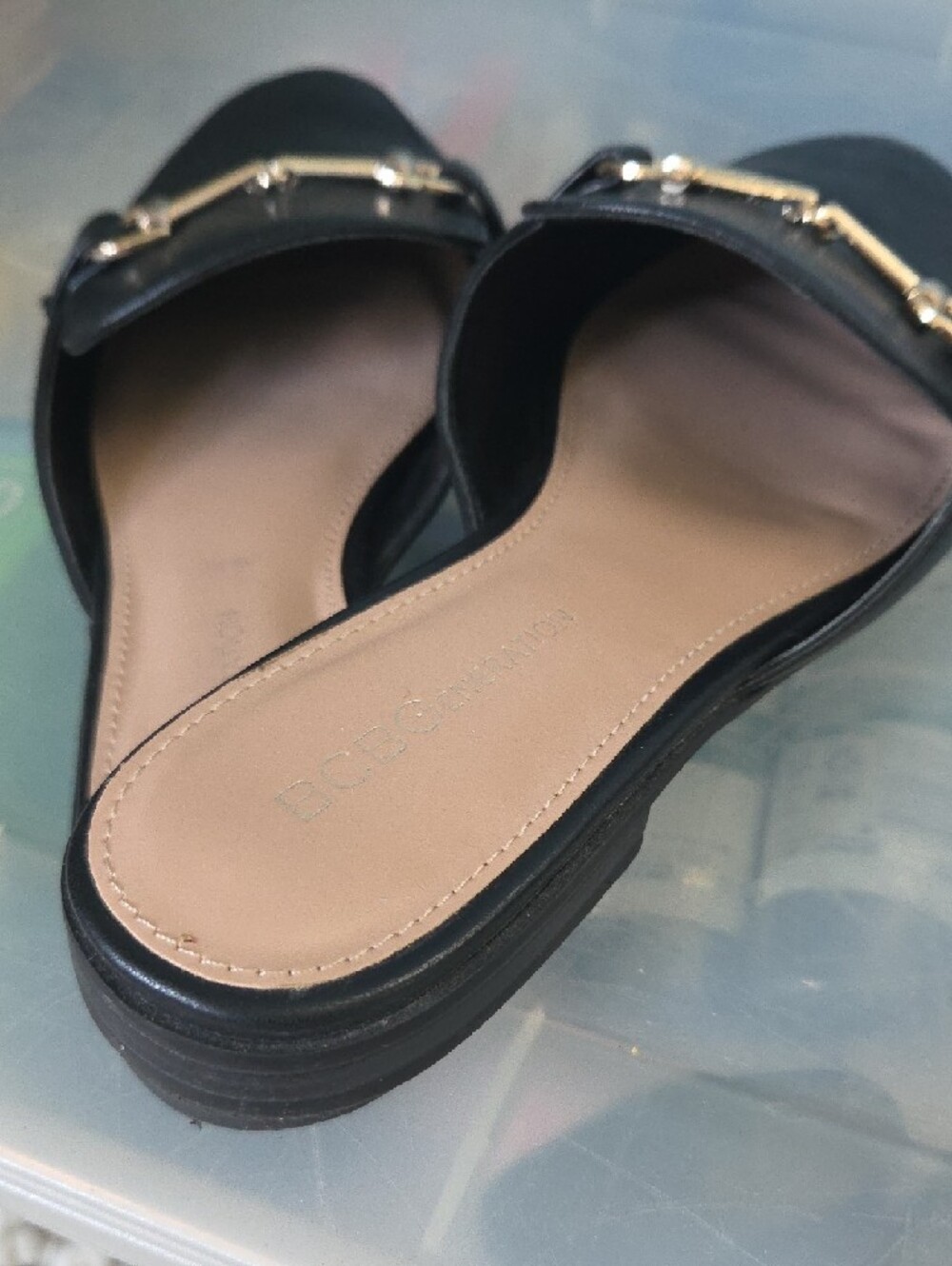 BCBGeneration Black Leather Slip-On Mules with Gold Hardware - Picture 2 of 7